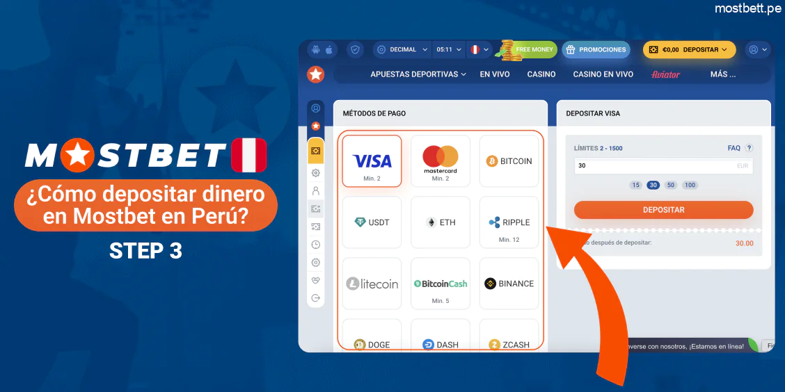 Mostbet Perú elegir método de pago