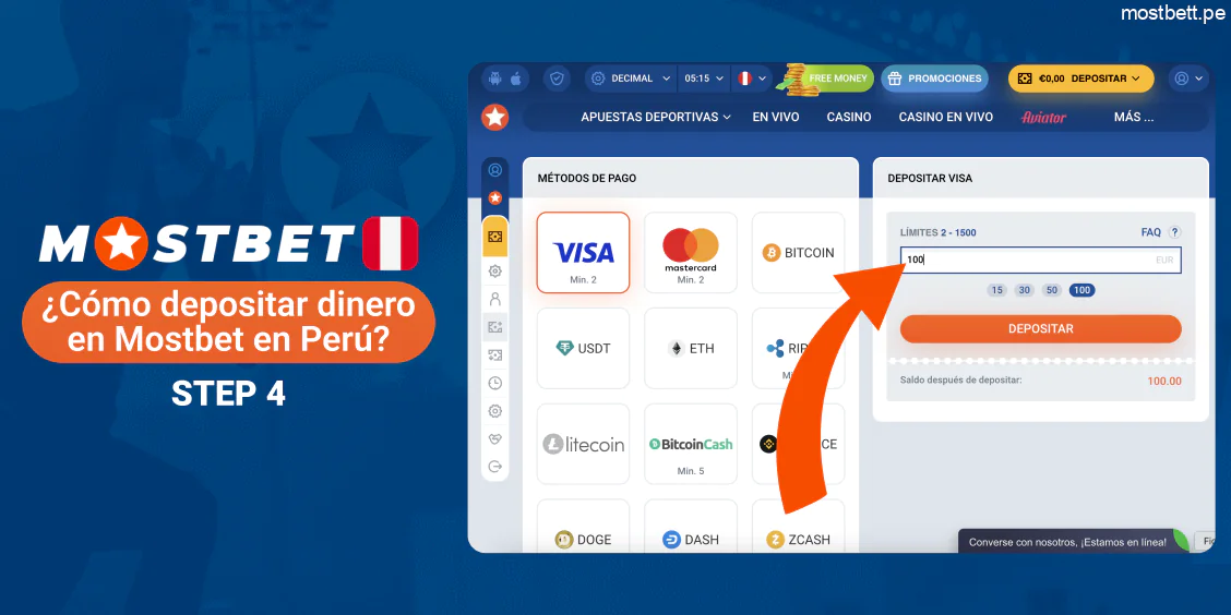 Mostbet Perú ingresar monto del depósito