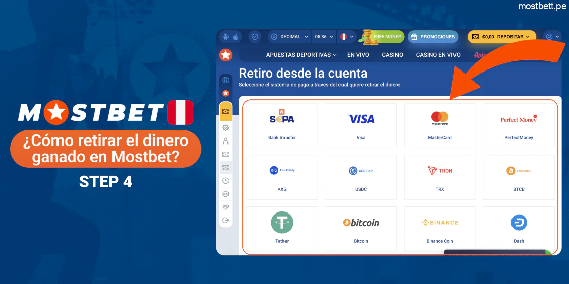 Mostbet Perú seleccionar método de retiro