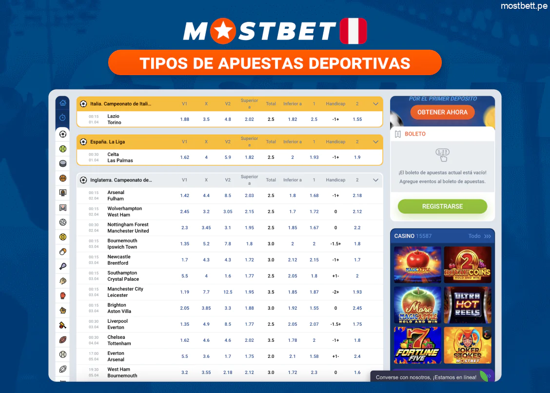 Mostbet Perú tipos de apuestas: individuales, combinadas, sistema